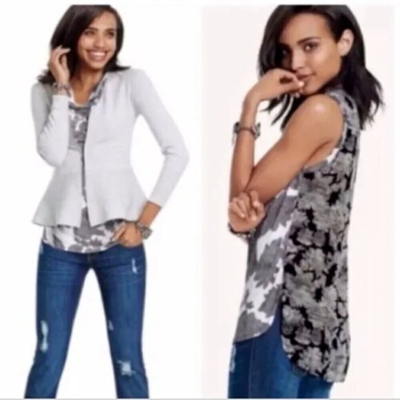 CAbi 3057 Tango Tank Grey Black White Floral Mixed Media Drape/Cowl Neck L 103P - Picture 1 of 10